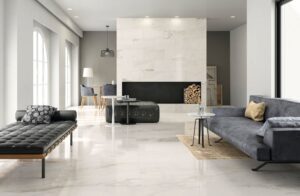 Living room featuring marble look tile on floor and fireplace