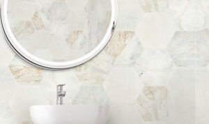 Matte variegated white and neutral hexagon tiles