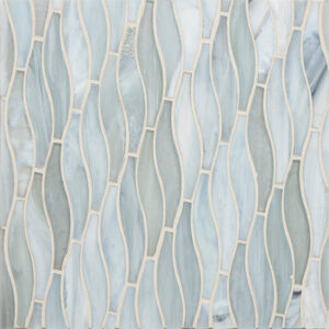 Aqua variegated tile mosaic in a swish shape somewhat like the middle of the letter S