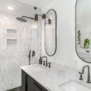 white and gray bathroom; shower, countertop, sink, wall mirrors